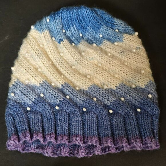 Handmade Knit Hat Blue Purple Faux Pearl Swirl Design Warm Winter Cap Wool Blend - Picture 6 of 7